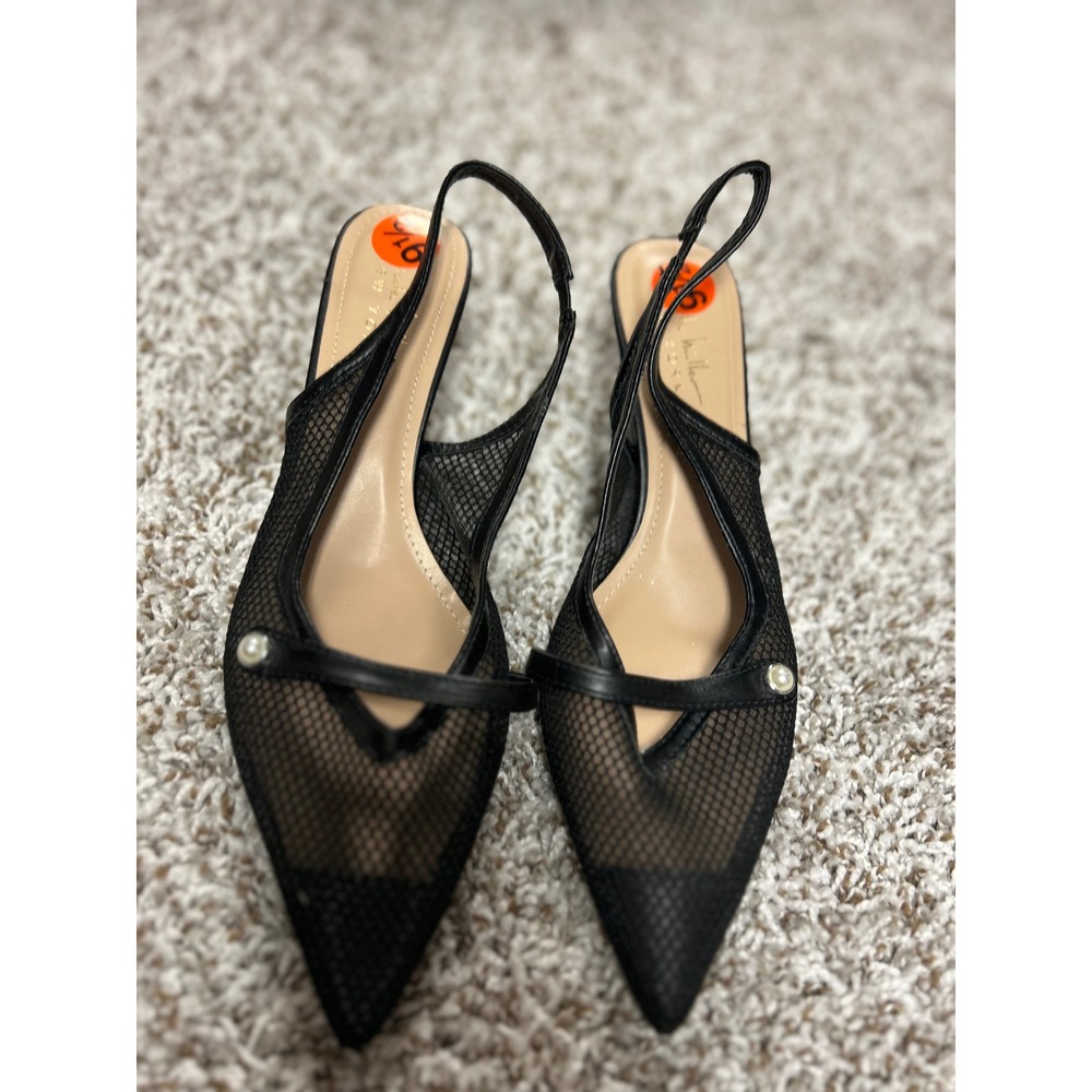 Nicole Miller New York Sollien Black Mesh Pearl Slingback Stiletto Heels 9.5